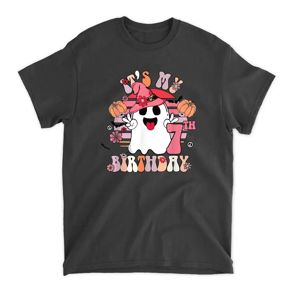 7th Birthday Gifts Spooky Boo 7 Years Old Groovy Retro 70s T-Shirt - Black