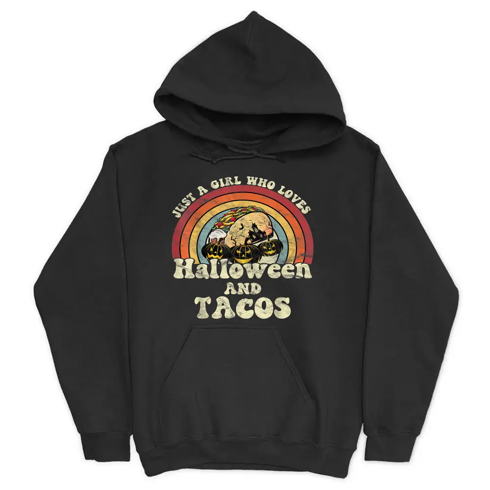 A  Who Loves Halloween And Tacos 70s Retro Vintage Hoodie - Black