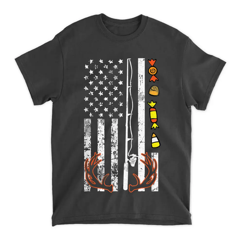 American Flag Fishing Lazy DIY Halloween Costume Hunting T-Shirt - Black