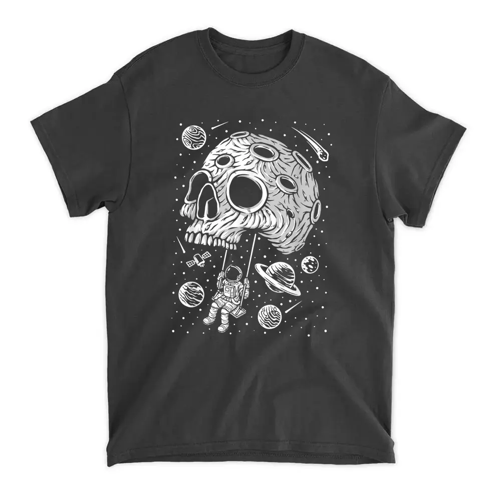 Astronaut Swinging Moon Skull Halloween Costume Skeleton T-Shirt - Black