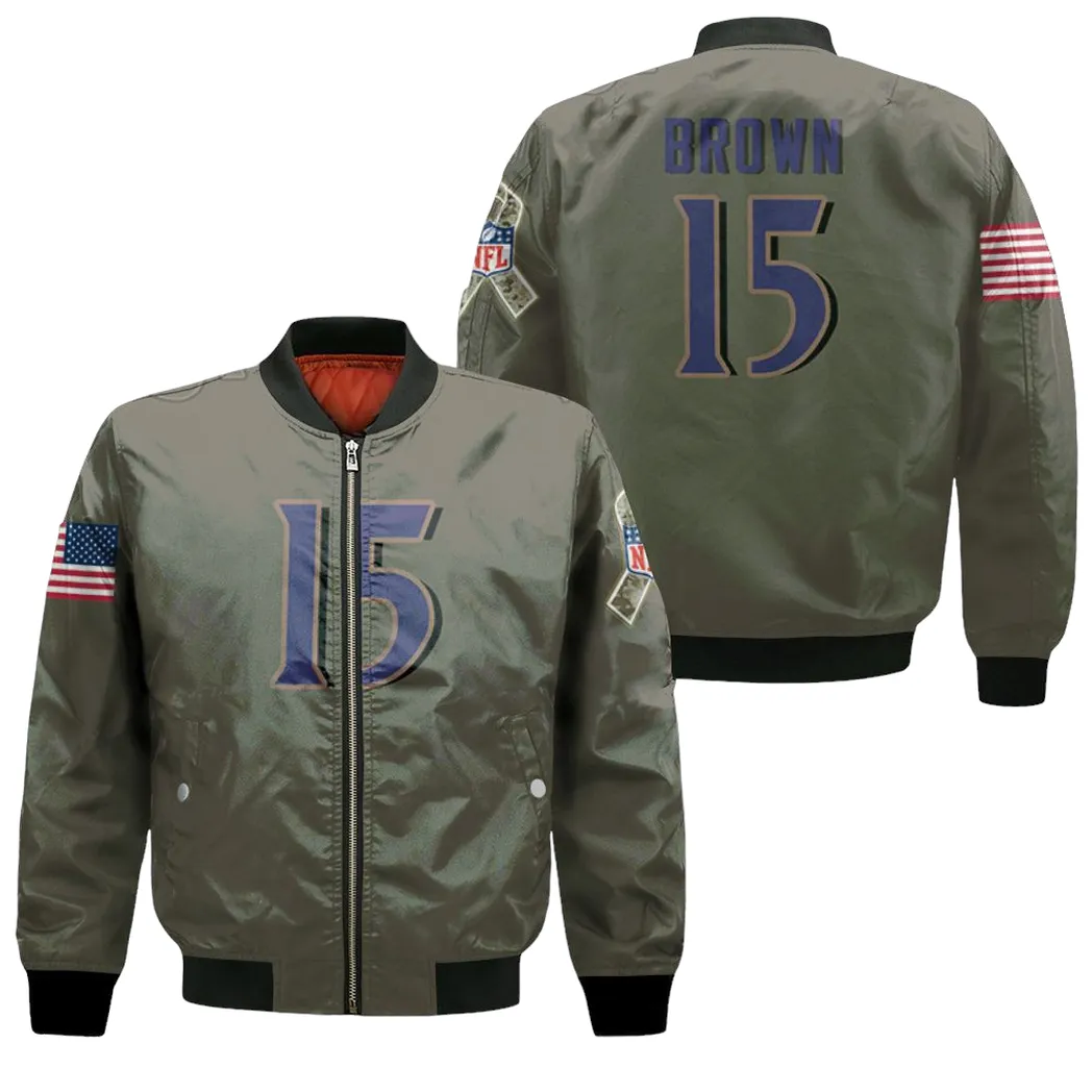 Baltimore Ravens Marquise Brown 15 Nfl Deion Sanders Salute To Service Retired Player Olive 3d Designed Allover Gift For Baltimore Fans Bomber Jacket for Men Women