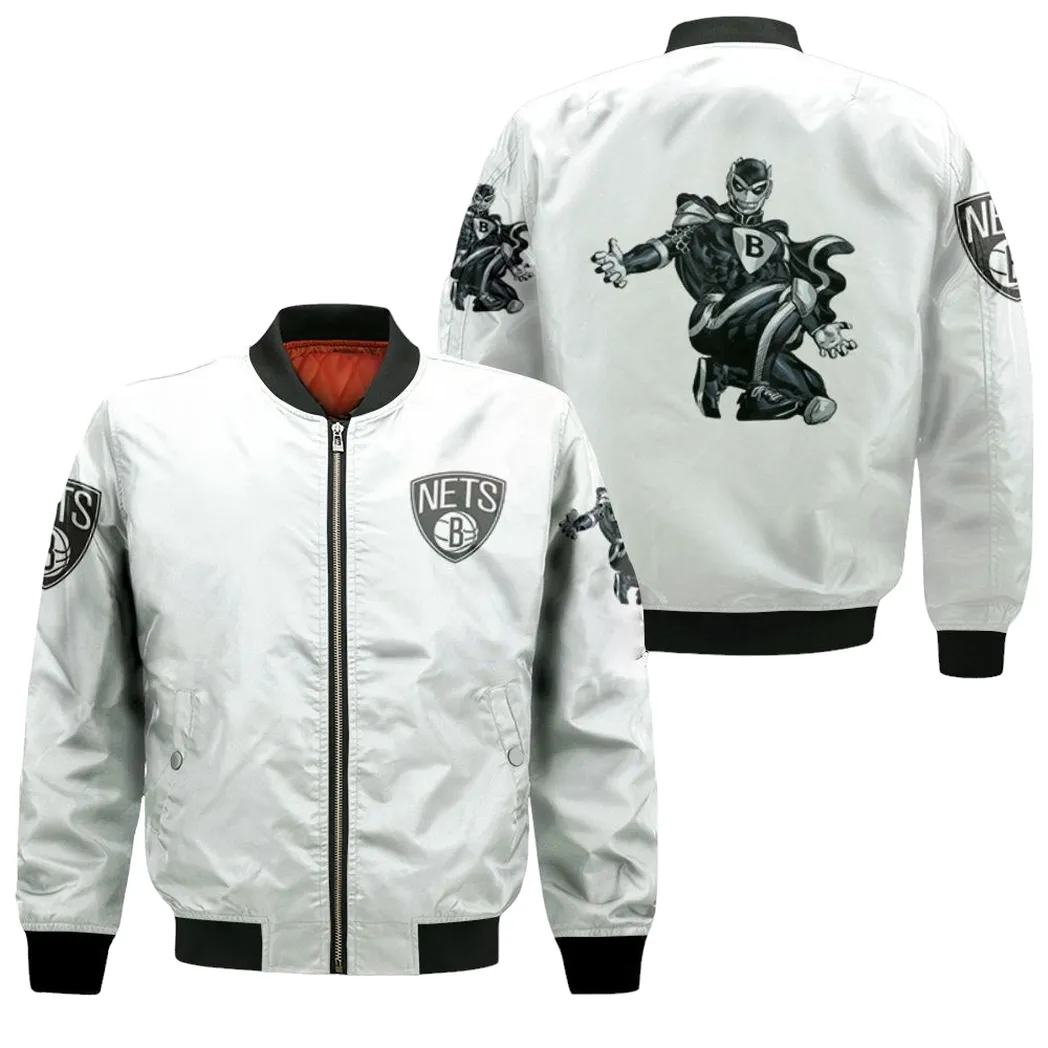 Brooklyn Nets Basketball Classic Mascot Logo Gift For Nets Fans White Bomber Jacket for Men Women