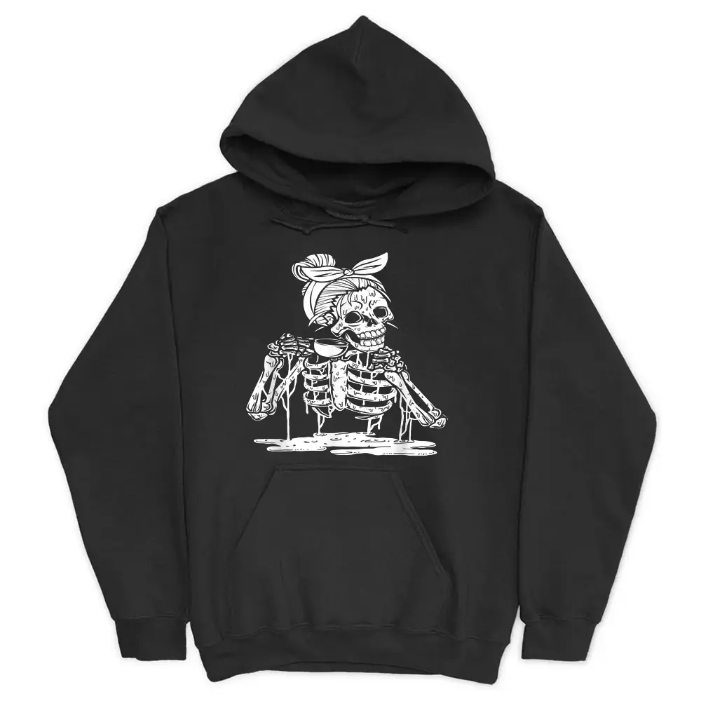 Caffeinated Skeleton Messy Bun Coffee Lover Skull Halloween Hoodie - Black