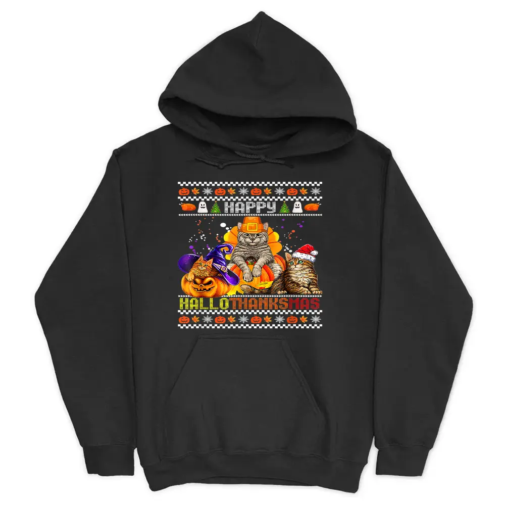 Cat Happy Hallothanksmas Halloween Thanksgiving Christmas Hoodie - Black