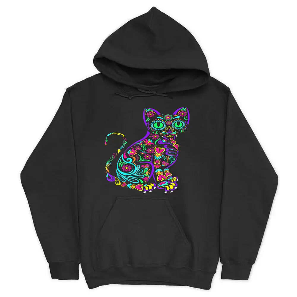 Cat Kitty Kitten Paws Sugar Skull Calavera Halloween Gato Hoodie - Black