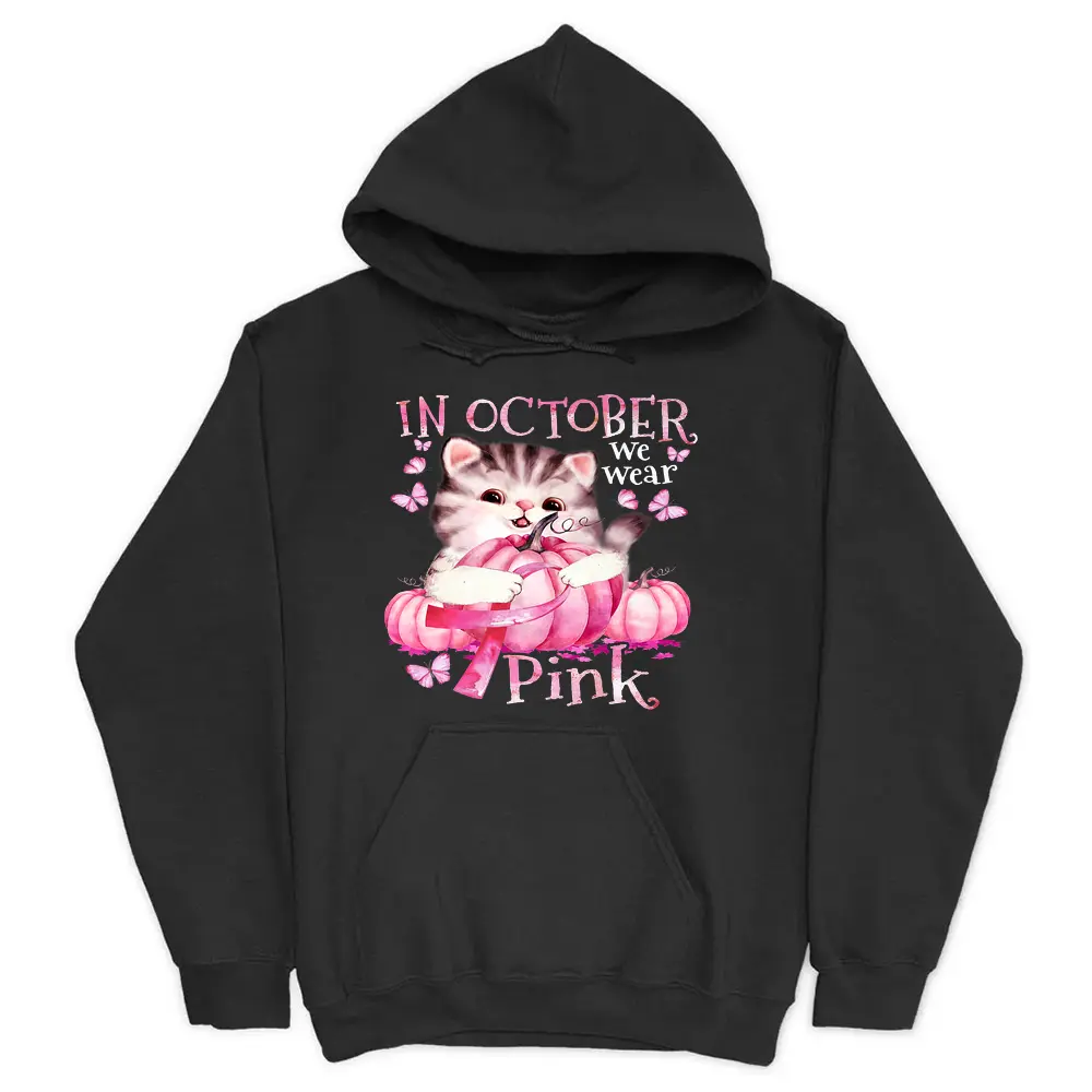 Cat Pumpkin Halloween In October We Wear Pink Breast Cancer Hoodie - Black