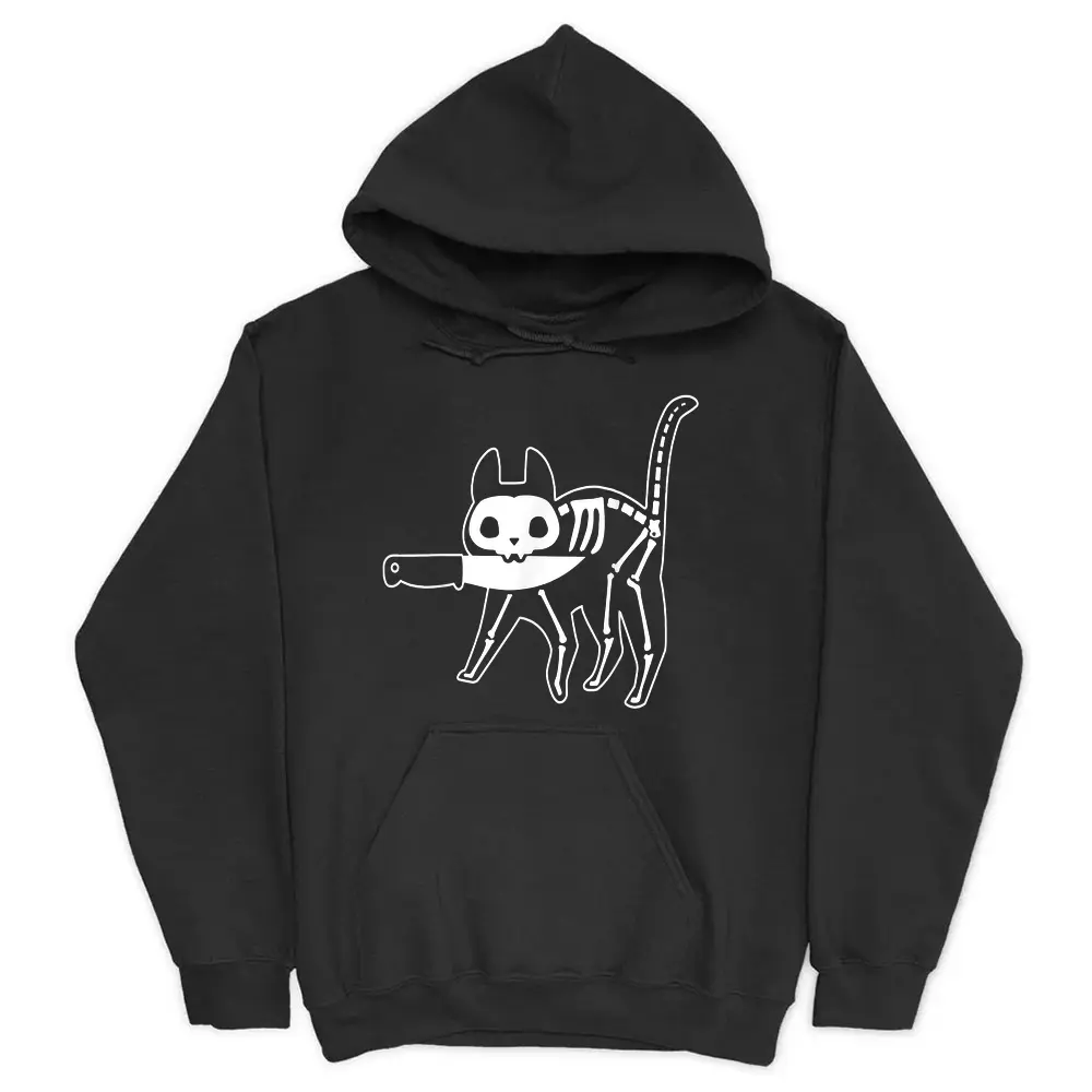 Cat What Funny Black Cat Skeleton Halloween Cat With Knife Hoodie - Black