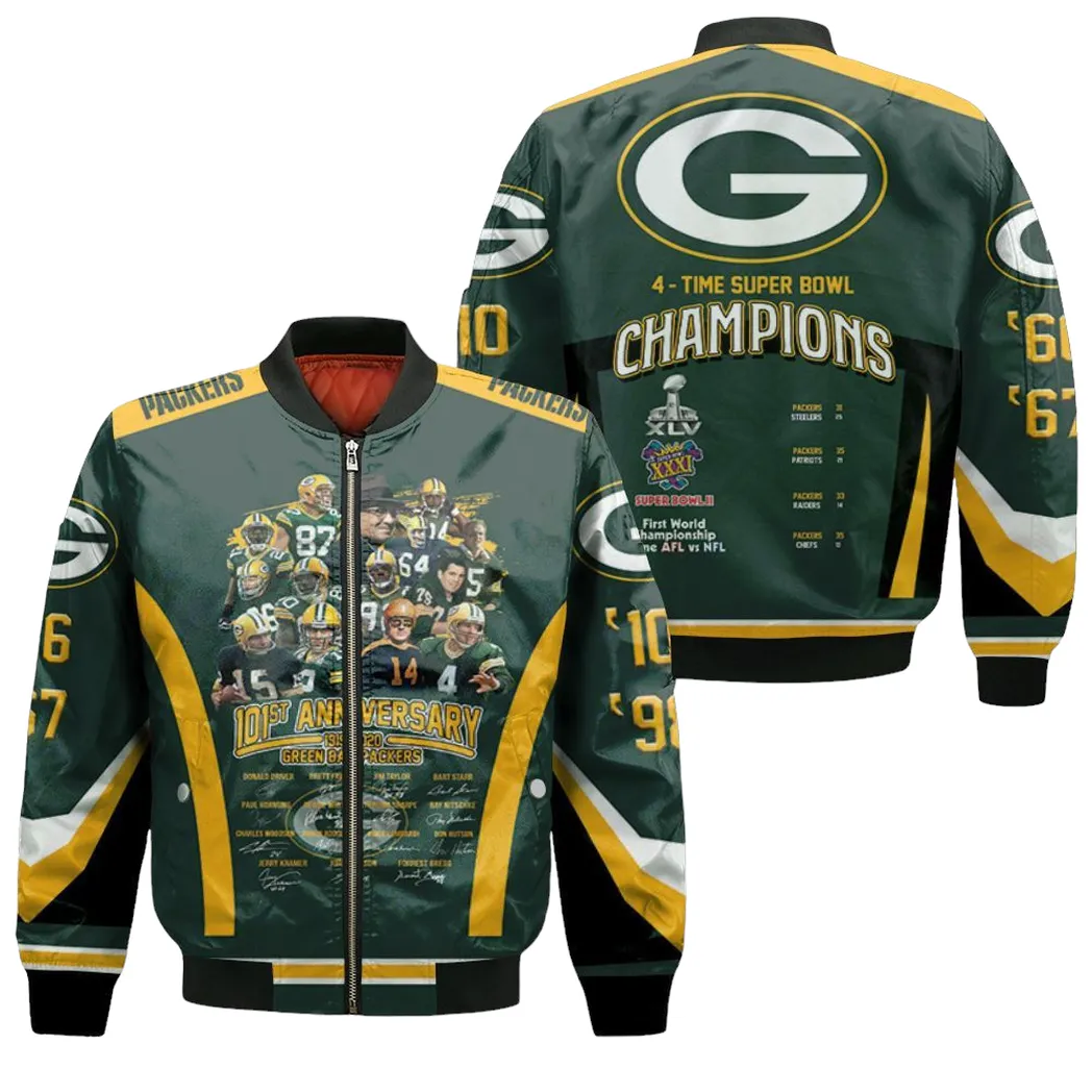 Green Bay Packers 101st Anniversary All Players Coach Signed For Fan 3d T Shirt Hoodie Sweater Bomber Jacket for Men Women